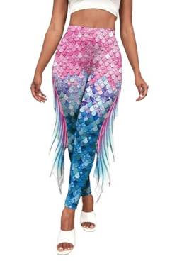 Eciodci Meerjungfrau Print Leggings für Damen Fisch Skala Hohe Taille Yoga Hosen Halloween Kostüm Strumpfhosen(Rosa&Blau) von Eciodci