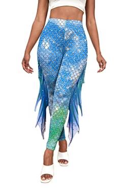 Eciodci Meerjungfrau Yoga Print Leggings für Damen Fisch Skala Hohe Taille Hosen Halloween Kostüm Strumpfhosen(Blau&Weiß) von Eciodci