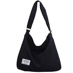 Ecohaso Damen Hobo Tasche, Canvas Handtasche Crossbody Bag Strandtasche Einfache Schultertasche Damen Groß Baumwolle Tote Handtasche Mädchen Einkaufstasche für Reisen Täglich, Schwarz , Large von Ecohaso