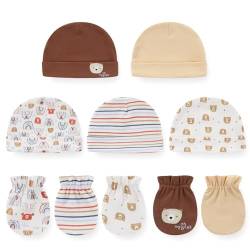 Ecojoy Newborn Baby 5 Mützen und 5 Paar Kratzfeste Fäustlinge für Babys Jungen und Mädchen, Alter 0-6 Monate, 100% Baumwolle, Einheitsgröße, Bär von Ecojoy