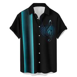 Ecosunny Musik-Shirts für Herren, hawaiianisches Bowling, bedruckt, kurzärmelig, lässig, Button-Down-Shirts, Musiknote, Schwarz, XX-Large von Ecosunny