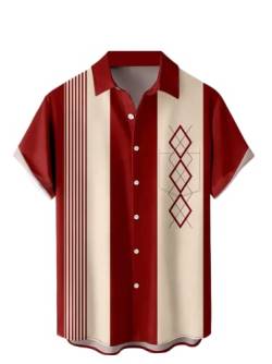 Herren Kurzarm Button Down Bowling Shirts Hawaiian Casual Bedruckt Sommer Regular Fit Strand Aloha Shirt, Bowling-Geometric Red, XL von Ecosunny