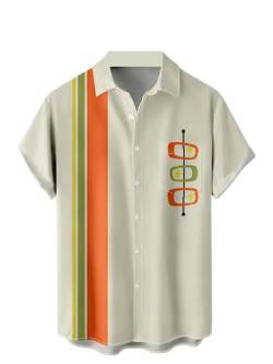Herren Kurzarm Button Down Bowling Shirts Hawaiian Casual Bedruckt Sommer Regular Fit Strand Aloha Shirt, Bowling Geometrische Streifen beige, Mittel von Ecosunny
