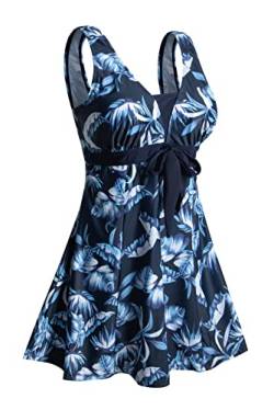 Ecupper Badeanzug Damen Elegant Einteiliger Badeanzug mit Brustpolster Badeanzugkleid mit Schleife Badeanzug Große Größe Blaue Feder 5XL von Ecupper