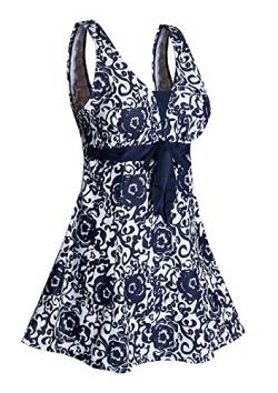 Ecupper Badeanzug Damen Elegant Einteiliger Badeanzug mit Brustpolster Badeanzugkleid mit Schleife Badeanzug Große Größe Marineblau L von Ecupper