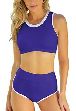 Ecupper Damen Bikini Set Push Up Badeanzug Zweiteiliger Swimsuit High Waist Bademode Blau XL von Ecupper