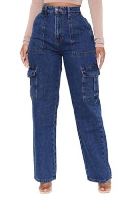 Ecupper Damen Cargo Hose Jeans mit Taschen Y2K High Waist Workwear Outdoorhose Relaxed-Fit Jogginghose Baggy Weit Dunkelblau M von Ecupper