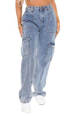Ecupper Damen Cargo Hose Jeans mit Taschen Y2K High Waist Workwear Outdoorhose Relaxed-Fit Jogginghose Baggy Weit Hellblau M von Ecupper