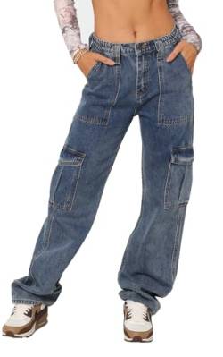 Ecupper Damen Cargo Hose Jeans mit Taschen Y2K High Waist Workwear Outdoorhose Relaxed-Fit Jogginghose Baggy Weit Rauchgrau 2XL von Ecupper