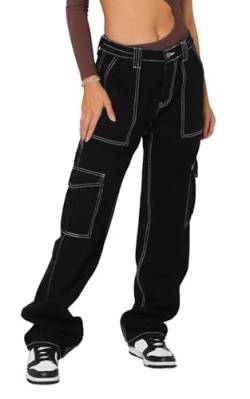 Ecupper Damen Cargo Hose Jeans mit Taschen Y2K High Waist Workwear Outdoorhose Relaxed-Fit Jogginghose Baggy Weit Schwarz 2XL von Ecupper