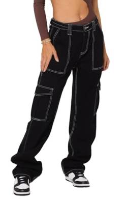 Ecupper Damen Cargo Hose Jeans mit Taschen Y2K High Waist Workwear Outdoorhose Relaxed-Fit Jogginghose Baggy Weit Schwarz L von Ecupper