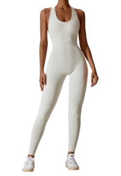 Ecupper Damen Einteilige Training Jumpsuit Racerback Bodysuit ärmellose Romper voller Länge rückenfrei Yoga Shapewear Weiß M von Ecupper