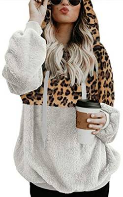 Ecupper Damen Kapuzenpullover Fleece Hoodie mit reißverschluss Oversize Warm Sweatshirt mit Kapuze Leopard-Weiß S von Ecupper