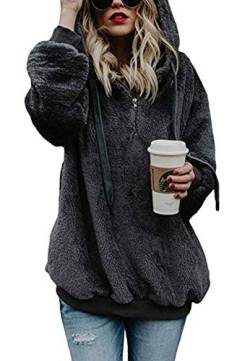 Ecupper Damen Kapuzenpullover Fleece Hoodie mit reißverschluss Oversize Warm Sweatshirt mit Kapuze Rein Grau M von Ecupper