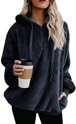 Ecupper Damen Kapuzenpullover Fleece Hoodie mit reißverschluss Oversize Warm Sweatshirt mit Kapuze Schwarzblau-a XL von Ecupper