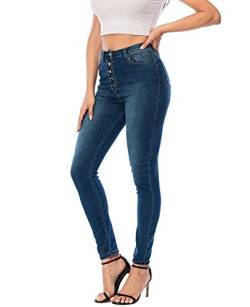 Ecupper Damen Skinny Fit Jeans Slim High Waist Femal Jeans Stretch Jeanshosen Dunkelblau-5 Knopf XS von Ecupper