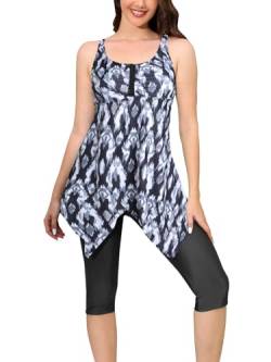 Ecupper Damen Tankini Set Badekleid Blumen Muster Badeanzug Zweiteilig Tankini mit Shorts Swimsuit Übergröße Schwarz S von Ecupper