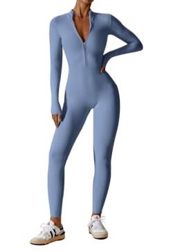 Ecupper Jumpsuits für Damen Bodysuit Athletischer Einteiler Zip Up Overall Rompers Langärmelig Workout Outfit Blau M von Ecupper