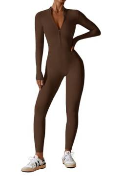 Ecupper Jumpsuits für Damen Bodysuit Athletischer Einteiler Zip Up Overall Rompers Langärmelig Workout Outfit Braun M von Ecupper