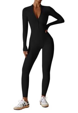 Ecupper Jumpsuits für Damen Bodysuit Athletischer Einteiler Zip Up Overall Rompers Langärmelig Workout Outfit Schwarz L von Ecupper