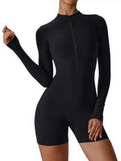 Ecupper Langärmelig Jumpsuit Damen Einteilige Kleidung Overall Romper Lang Trainingsanzüge Outfit Stretch Zip Up Shorts Schwarz XL von Ecupper