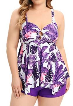 Ecupper Tankini Damen Bauchweg Badeanzug Zweiteilig Badebekleidung Push Up Badekleidung mit Shorts Schwimmen Lila L von Ecupper