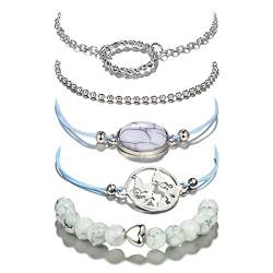 Edary Armband-Set mit weißes Herz-Armband, Türkis mit Herz, Perlen-Handkette, verstellbar, für Damen und Mädchen(5 Stück) von Edary