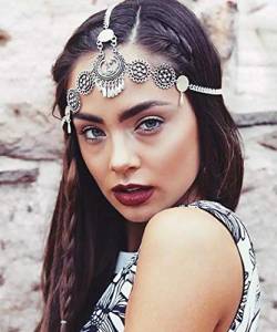 Edary Boho Kopfkette Scheibe Quasten Braut Kopfschmuck Silber Stirnband Festival Haarschmuck Schmuck für Frauen und Mädchen von Edary