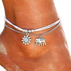 Edary Boho doppelt gewebtes Sonnen-Fußkettchen Silber Elefant Knöchel Armband Kette Strand Fuß Schmuck für Frauen und Mädchen von Edary