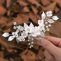 Edary Braut Blume Hochzeit Haarkamm Silber Perle Kopfschmuck Blatt Hochzeit Seitenkamm Braut Haarschmuck für Frauen und Mädchen (Silber) von Edary