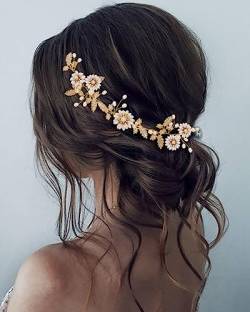 Edary Braut Hochzeit Haarranbe Gold Blume Haarschmuck Braut Perle Stirnband Kristallblatt Kopfschmuck für Frauen und Mädchen von Edary