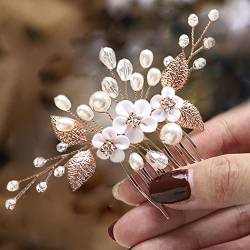 Edary Brautschmuck, Blumen-Haarkämme mit Blättern und Perlen, Hochzeitshaarspangen, Kristall-Haarschmuck für Damen und Mädchen (Roségold) von Edary