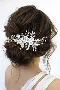 Edary Silberne Blume Braut Hochzeit Haarkamm Perle Braut Seitenkamm Kristall Haarteil Blatt Haarschmuck für Frauen und Mädchen von Edary