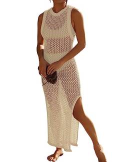 Eddoyee Crochet Cover Up für Frauen Hollow Out Ärmelloser Badeanzug Cover Ups Side Split Lange Bademode Strandkleid, aprikose, Einheitsgröße von Eddoyee