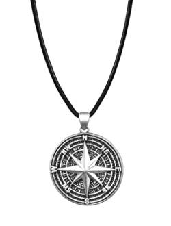 Kompass Halskette 925 Sterling Silber Herren Schmuck Anhänger Halskette Freund Geschenke Herren Anhänger Nordstern (Silber und Leder 60 cm) von Edellis