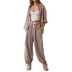 Edhomenn Damen Pyjama-Set, kariert, langärmelig, Knopfverschluss, Hemd mit elastischer Taille, Hose, Trainingsanzüge, Nachtwäsche, Loungewear, 01 Kaffee, 38 von Edhomenn