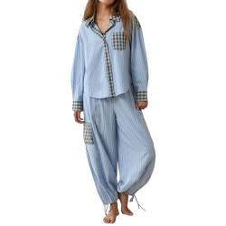 Edhomenn Damen Pyjama-Set, kariert, langärmelig, Knopfverschluss, Hemd mit elastischer Taille, Hose, Trainingsanzüge, Nachtwäsche, Loungewear, 02 blau, 46 von Edhomenn