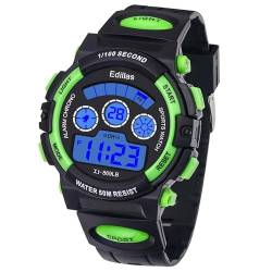 Edillas Kinder Digitaluhr, Jungen Mädchen 50M (5ATM) Wasserdicht 7 Farben LED Multifunktions Sport Outdoor Armbanduhren mit Alarm(Schwarz-Grün) von Edillas