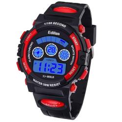 Edillas Kinder Digitaluhr, Jungen Mädchen 50M (5ATM) Wasserdicht 7 Farben LED Multifunktions Sport Outdoor Armbanduhren mit Alarm (Schwarz-Rot) von Edillas