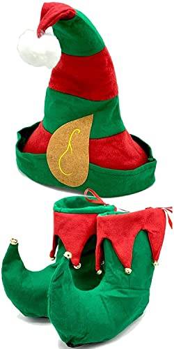 Weihnachten Geheime Elfe Hut mit Ohren & Elf Schuhe mit Jingle Bells - Erwachsene Unisex Xmas Elves Weihnachten Neujahr Festliche Party Kostüm Zubehör, Grün / Rot, Einheitsgröße von Edozos