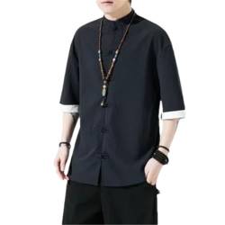 Männer Baumwolle Leinen Kurzarm Hemd Männlich Chinesischen Stil Mandarin Kragen Dünnes T-Shirt Sommer Tops Herren Shirts Black XS von Eesuei