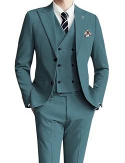 Herren 3 Stück Anzüge Slim Fit Double Breasted Blazer Jacke Weste Hose Set Revers Solid Farbe Smoking Casual Hochzeit Prom Party Anzüge (Color : Teal, Size : L) von EflAl