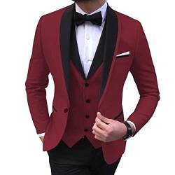 Herren Business Blazer 3 Stück Anzug Slim Fit Revers Classic Solid Jacke Weste Hose Set Bräutigam Hochzeit Party Prom Anzüge (Color : Burgundy, Size : M) von EflAl