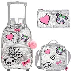 Egchescebo Rucksack Mädchen Schulranzen Trolley Schulrucksack Mädchen Teenager 3PCS 16”Kinder Schultrolley Geeignet für Schule und Reise Panda Trolley mit Silbernen Pailletten für Mädchen von Egchescebo