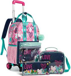 Egchescebo Rucksack Mädchen Schulranzen Trolley Schulrucksack Teenager 5PCS 16” Kinder Schultrolley Geeignet für Schule und Reise,Abnehmbarer rosafarbener Panda-Trolley-Rucksack (Rosa-L) von Egchescebo