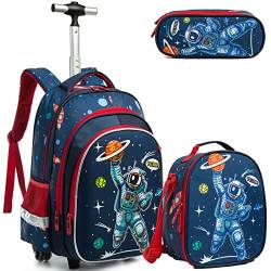 Rucksack Junge Schulranzen Trolley Schulrucksack Mädchen Teenager 3PCS 17” Kinder Schultrolley Geeignet für Schule und Reise Essensbeutel und Federmäppchen Blauer Astronauten Rollenrucksack von Egchescebo