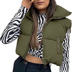 Eghunooye Damen Winter Crop Weste Warm Ärmellos Baumwolle Puffer Jacke Stehkragen Leichte Outwear Weste, armee-grün, 36 von Eghunooye