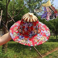 Egurs 2 in 1 Damen Sommer Faltbarer Bambus Sonnenhut Handfächer Strandhut mit Chinesischen Stil Blumenmuster Rot von Egurs