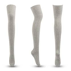 Egurs Japanischen Stil Overknee-Socken aus Baumwolle für Damen Lange Retro Gestreifte Knitting Kniestrümpfe Winter Thermosocken hellgrau von Egurs