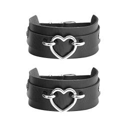 Eigso 2 Pcs Punk Leder Manschette Armbänder für Männer Frauen Goth Classic Love Heart Armband für Mann Frau von Eigso